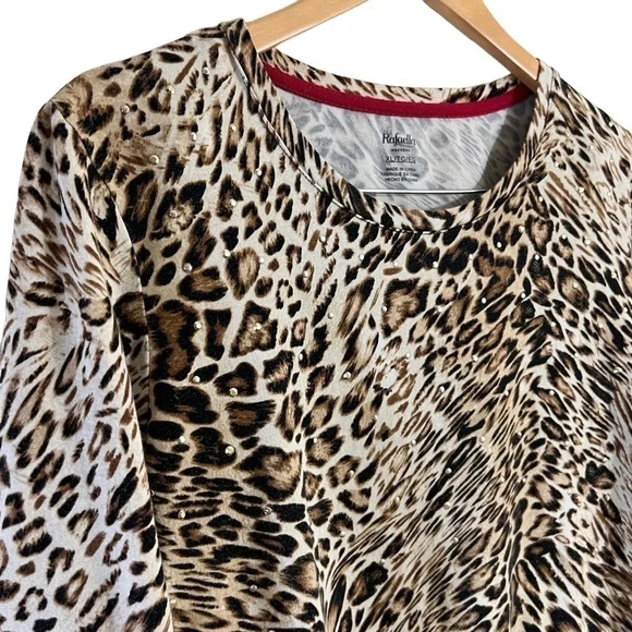 Rafaella Animal Print Top XL Studded Leopard Cheetah Long Sleeves Neutral Colors - Picture 3 of 7